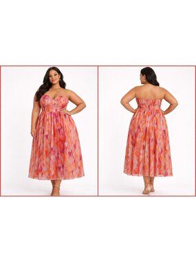 🌅 NWT Lulus Strapless Coral Watercolor Chiffon Dress XL 🌅